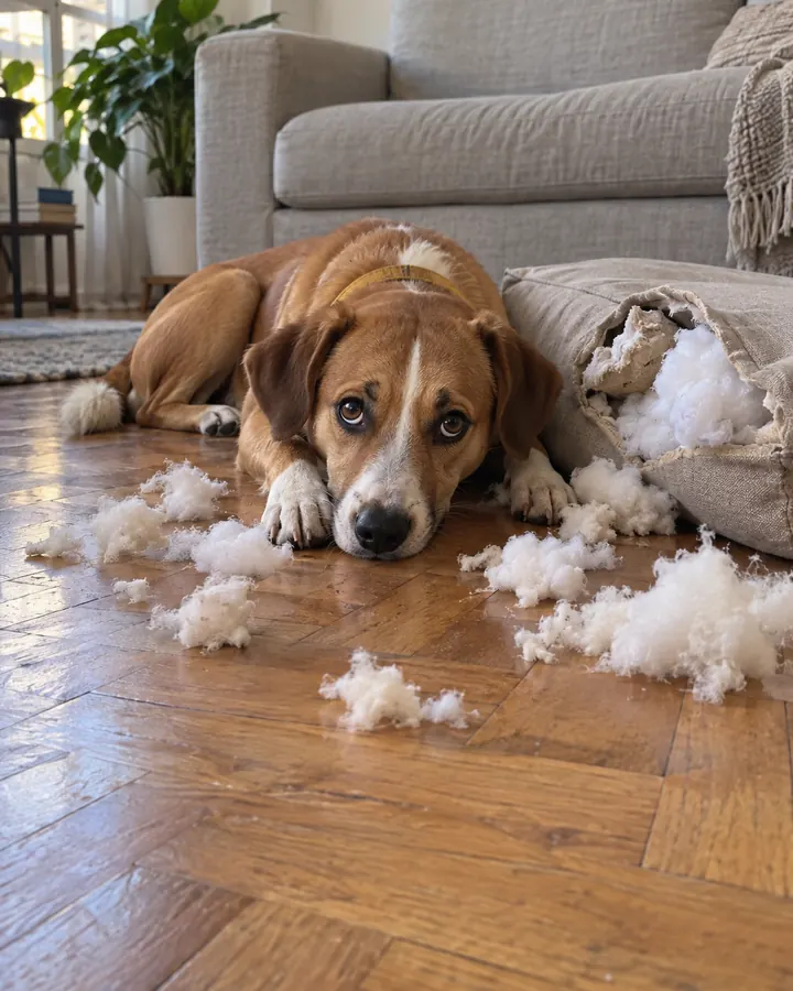 Un perro acostado al lado de un almohadón roto, con el relleno desparramado en el piso, mira a la cámara con cara de culpa